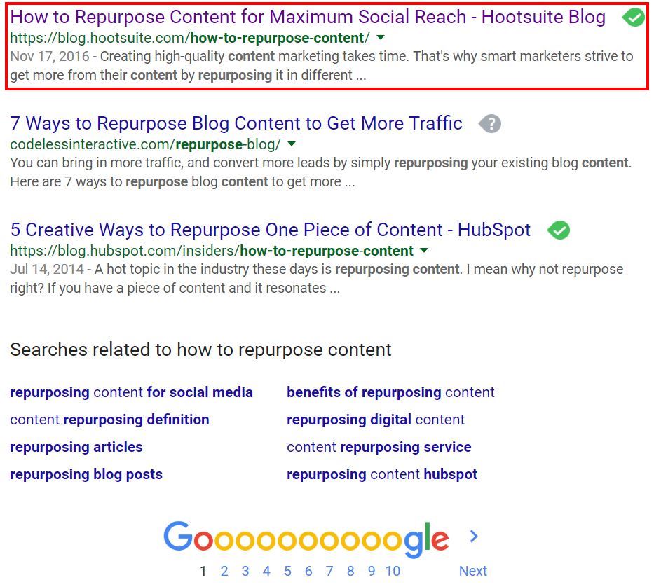 Content ranked on first page of Google